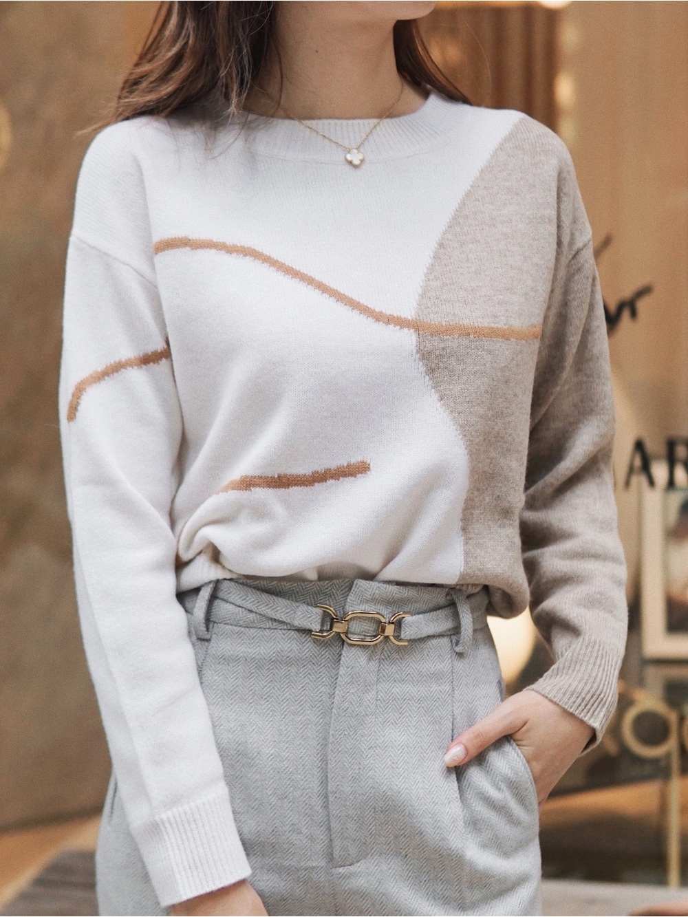 Petite Studio NYC Lexi Wool Sweater Cream Tan Crewneck